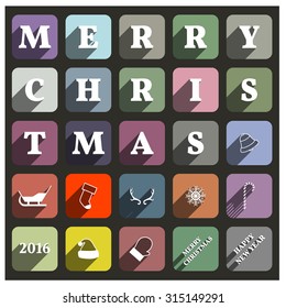 Christmas icon set with a long shadow, flat style, vector illustration.
