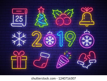 Christmas icon set. Merry Christmas and Happy New Year. Set neon icon, label, emblem. Bright signboard, light banner. Vector illustration