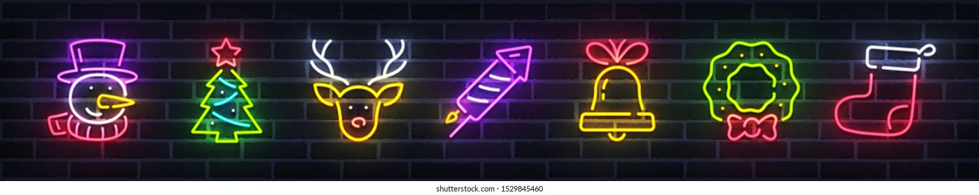 Christmas icon set. Merry Christmas and Happy New Year. Set neon icon, snowman, deer, fireworks, bell, wreath, sock. Bright signboard, light banner. Vector illustration