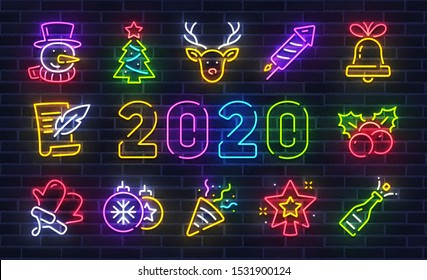 Christmas icon set. Merry Christmas and Happy New Year. Set neon icon, snowman, deer, fireworks, bell, wreath, sock. Bright signboard, light banner. Vector illustration