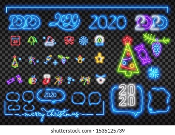 Christmas icon set. Merry Christmas and Happy New Year. Set neon icon, label, emblem. Bright signboard, light banner. Vector illustration