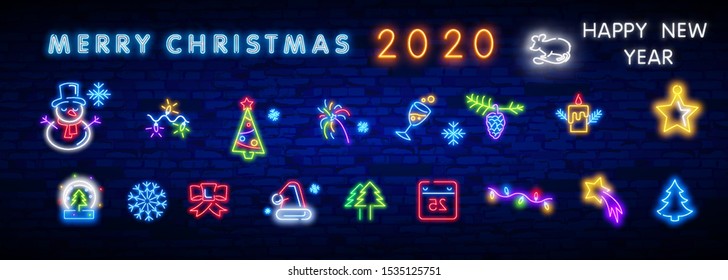 Christmas icon set. Merry Christmas and Happy New Year. Set neon icon, label, emblem. Bright signboard, light banner. Vector illustration