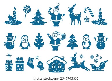 Christmas icon set. Merry Christmas and Happy New Year signs and symbols. Santa Claus with Christmas tree, cheerful snowman, reindeer, cute penguin and gifts. Holiday design elements. Isolated