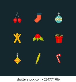 Christmas icon set of nine flat style - xmas toys, balls, snowflakes, mittens, candy cane, holly berries, stocking, gift boxes.
