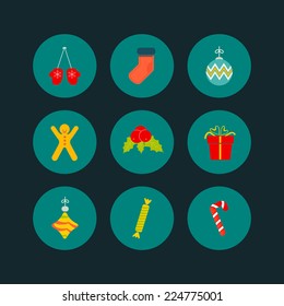 Christmas icon set of nine flat style - xmas toys, balls, snowflakes, mittens, candy cane, holly berries, stocking, gift boxes.