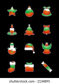 Christmas Icon Set On Black:Three-colored green-red-white Christmas icons suitable for black or dark backgrounds. Large JPG version also available in my portfolio.