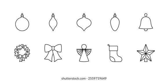 Christmas icon set - ornaments, bow, bell, wreath, angel, sock, star. Linear illustration, editable strokes.