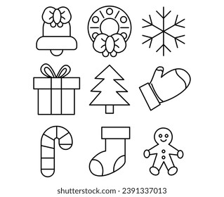 
navidad Juego de iconos o adornos de navidad icono vector en estilo de línea