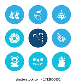Christmas icon set and paper garland with gift sack, santa claus, candy cane. Bunting related christmas icon vector for web UI logo design.