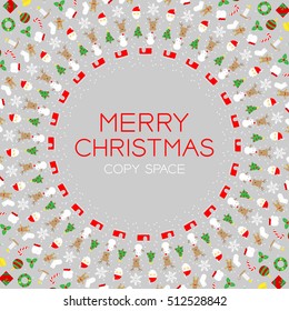 Christmas icon set pattern circle shape isolated on grey color background, with merry christmas text in copy space center