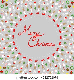 Christmas icon set pattern circle shape isolated on grey color background, with merry christmas text in copy space center