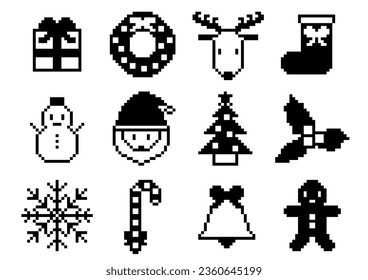 Christmas icon set of pixel art. Vector illustration. 12 isolated items. Santa Claus, reindeer, Christmas tree, snowman, presents, etc.