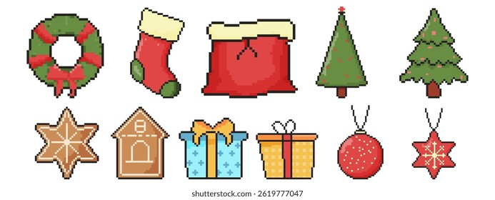 Christmas icon set. Pixel art object in 8 bit style. Socks, gift boxes, gingerbreads, toys, santa bag, wreath