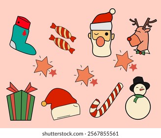 Christmas icon set in retro color style