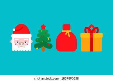 Christmas icon set. Santa Claus and deer. Red bag and Snowman. Xmas symbol. New Year sign