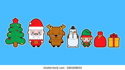 Christmas icon set. Santa Claus and deer. Red bag and Snowman. Xmas symbol. New Year sign