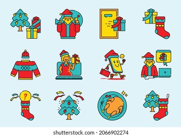 christmas icon set with santa claus,gift box,ugly sweater,christmas tree and roasted turkey.