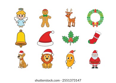 Christmas Icon Set with santa hat ,animal