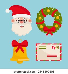 Christmas icon set with Santa, wreath, bell and holiday envelope. Vector illustration isolated