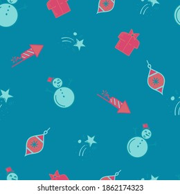 El conjunto de iconos de Navidad se realiza sin problemas. Hombre de nieve, fuegos artificiales, estrellas y juguete de árbol de Navidad. Los elementos de navidad e invierno son fondo. Textura vectorial de diseño plano. Patrón sin foco.