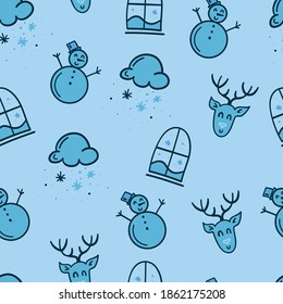 El conjunto de iconos de Navidad se realiza sin problemas. Hombre de nieve, copos de nieve y una ventana con vistas a la nieve. Los elementos de navidad e invierno son fondo. Textura vectorial de diseño plano. Patrón sin foco.