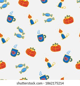 Christmas icon set seamless pattern. Sweets, cup of hot drink, candle and cake in a box. Xmas and winter holidays elements background. Flat design vector texture. Seamless pattern.