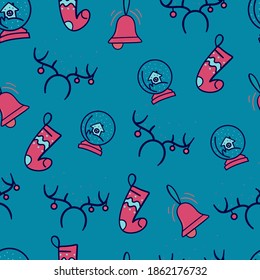 Christmas icon set seamless pattern. Christmas sock, hoop with deer antlers and Christmas ball with snow. Xmas and winter holidays elements background. Flat design vector texture. Seamless pattern. 