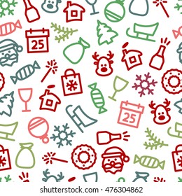 Christmas icon set seamless pattern. Xmas and winter holidays elements background. Flat design vector texture.