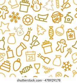 Christmas icon set seamless pattern. Xmas and winter holidays elements background. Flat design vector texture.