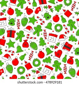 Christmas icon set seamless pattern. Xmas and winter holidays elements background. Flat design vector texture.