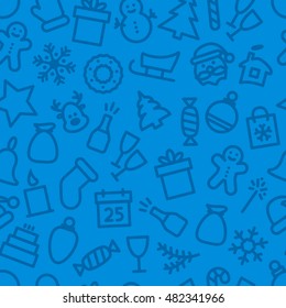 Christmas icon set seamless pattern. Xmas and winter holidays elements background. Flat design vector texture.