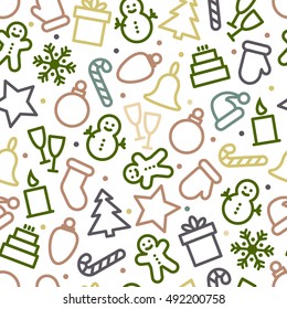 Christmas icon set seamless pattern. Xmas and winter holidays elements background. Flat design vector texture.