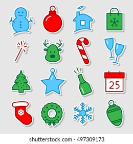 Christmas icon set seamless pattern. Xmas and winter holidays elements background. Flat design with shadow vector texture.