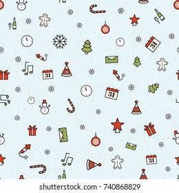 Christmas icon set seamless pattern. Xmas and winter holidays elements background. Flat design vector texture. Christmas background, seamless tiling, great choice for wrapping paper pattern. New Year