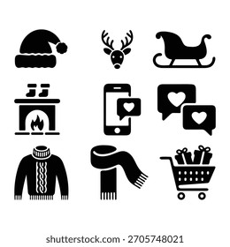 Christmas icon set silhouette vector with Santa hat, reindeer, gifts, and winter elements on white background