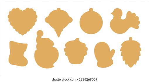 Christmas icon set. Simple patterns of Christmas symbols. Gift tag cut shape label die cutting silhouette template. Xmas sugar cookie cutter shapes. Gingerbread bird, santa claus, mitten, gift sock. 