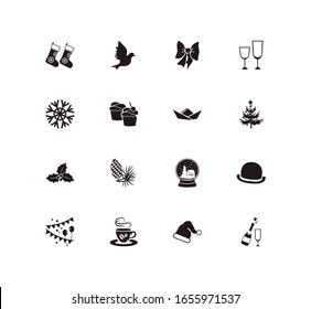 Christmas icon set and snow globe with dove, celebration and hot coffee. Claus cap related christmas icon vector for web UI logo design.