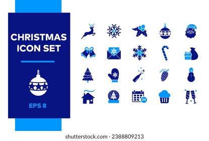Christmas icon set, Snow globe, festive, Christmas tree toy, ball, Muffin, Champagne, New year, 2024 New year calendar, Merry xmas pine tree, Santa Claus, Candy Cane, Snowflake, Symbol of winter.