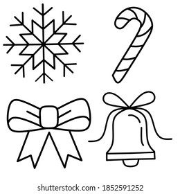 Christmas icon set snowflake, candy, ribbon, bell vector illustration
