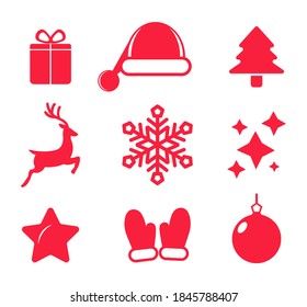 Christmas icon set. Snowflake, deer, gift, hat of Santa Claus, star, tree, ball and Santa Claus gloves. Merry Christmas.