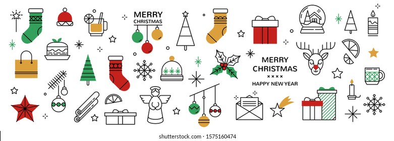 christmas icon set with snowflakes, hats, star, christmas tree. Vector icons for business and holidays