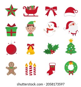 Christmas icon set with snowflakes, hats, star, tree, balls, sock, gift, vector icons for business and holidays