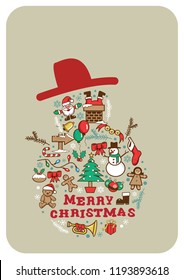 Christmas icon set in Snowman shape postcard background. Vector file available