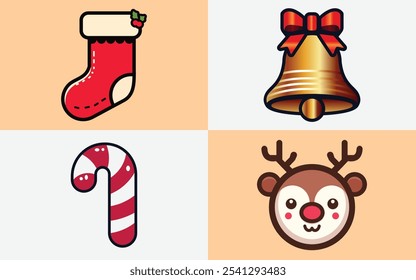 Christmas Icon Set - Stocking, Bell, Candy Cane and Reindeer Icon