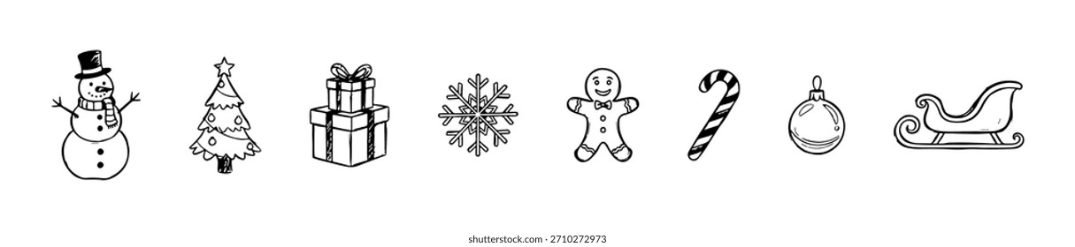 A Christmas icon set with stocking, candy cane, snowflakes, snowman, tree, and gingerbread. Perfect for festive seasonal design.