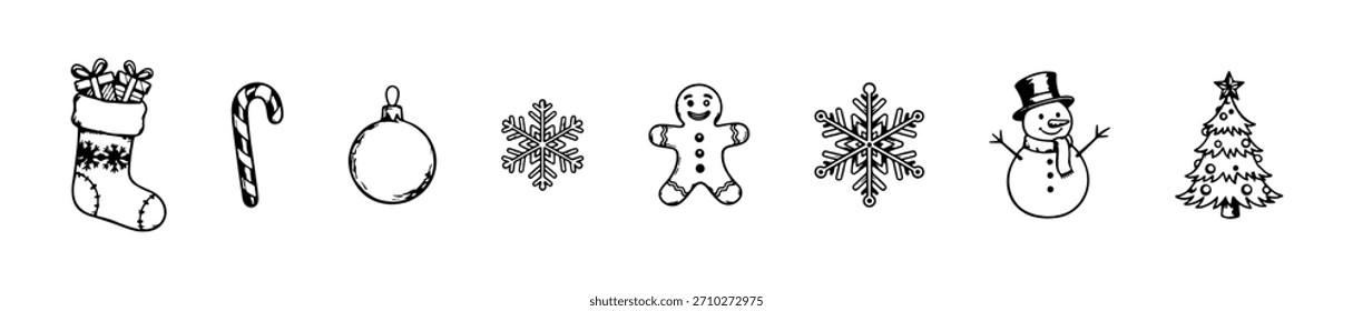 A Christmas icon set with stocking, candy cane, snowflakes, snowman, tree, and gingerbread. Perfect for festive seasonal design.