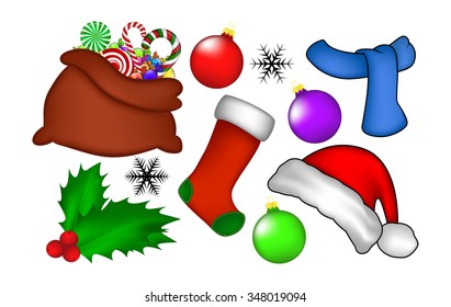 Christmas icon set, symbol, design. Winter vector illustration isolated on white background.