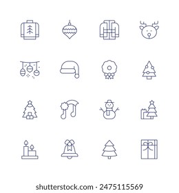 Christmas icon set. Thin line icon. Editable stroke. Containing baubles, boxingday, candles, christmasball, christmasbell, christmashat, sweater.