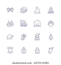 Christmas icon set. Thin line icon. Editable stroke. Containing baubles, candycane, christmascamera, christmasholly, santaclaus, santahat, snow.