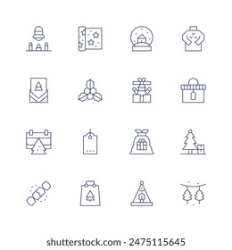 Christmas icon set. Thin line icon. Editable stroke. Containing christmasbell, christmasmessage, mistletoe, santaclaus, snowglobe, wrappingpaper.